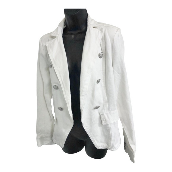 White stretch denim double breasted military style jean‎ jacket size medium new - Picture 7 of 16